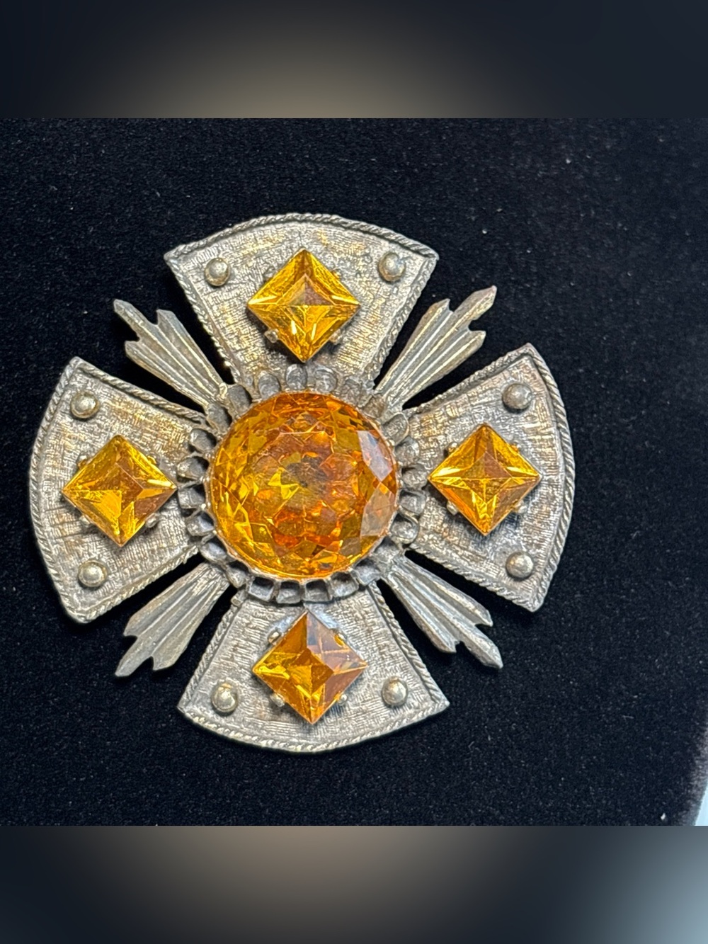 Silver-Tone Brooch with Amber Faceted Stones